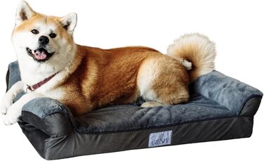Ортопедичне ліжко для собак великих порід, диванчик для собак з високим бортиком, ліжко для домашніх тварин, собаче ліжко-софа, бавовняне льон та штучне хутро (L(90 * 68 * 20cm)) (Сірий, M(75*57*20cm))