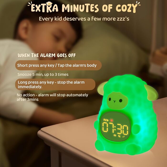 Alarm clock with night light for children, featuring sleep training and sound machine functions, rechargeable silicone wake-up lamp, cute animal table lamp, perfect sleep companion for boys and girls.