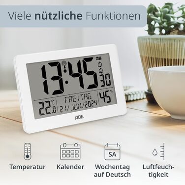 Digital XL Radio Clock with Very Large Numbers | Alarm Clock with 2 Alarm Times and Backlight | Thermometer Hygrometer | Slim Frame Made of Real (White Wood)