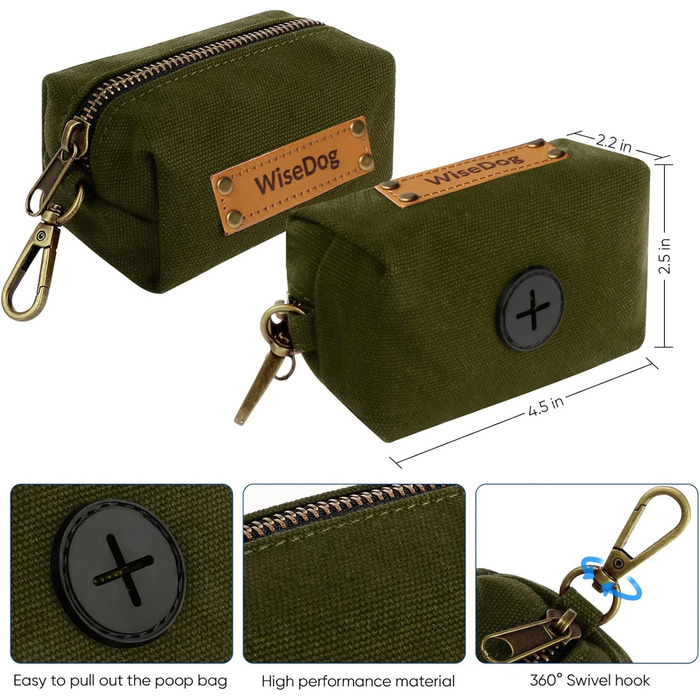 Набір повідка та нашийника для собак Wisedog: регульований, міцний, для собак маленьких, середніх та великих порід. У комплекті тримач для відходів (M, оливковий). Розмір: M (нашийник: 30-45 см; поводок: 1,5 м), колір: зелений