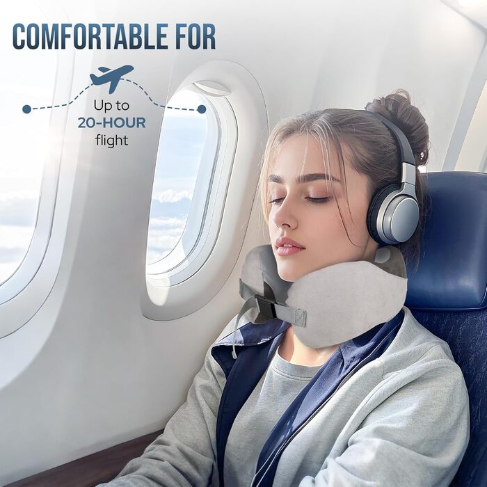 Подушка для шиї в літак, Memory Foam, м'яка, регульована та компактна, Ice Silk, для дорослих, ергономічна, з чохлом для зберігання (сіра)