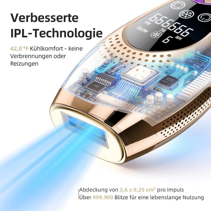 Пристрій для епіляції IPL з охолодженням 6°C, безболісна епіляція для тіла та обличчя, 999 900 імпульсів, 9 рівнів потужності, для тіла, обличчя, зони бікіні