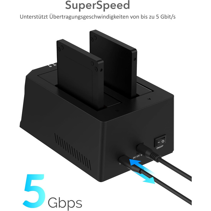 Док-станція Sabrent для 2 HDD/SSD 2.5'/3.5' з USB-C, 5Gbps, підтримка клонування, без інструментів (EC-CH2B)