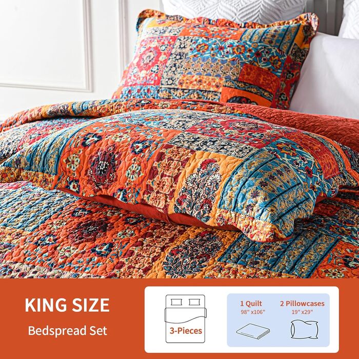 Покривало Qucover Shabby Chic 250x270 см, стьобане, бавовна, комплект з наволочками, патчворк у сільському стилі для двоспального ліжка