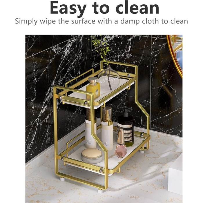 Wall-mounted bathroom shelf with 2 tiers, desk storage shelf for bedroom, kitchen, living room, bathroom, countertop, Nizer for enhanced Nizer and space-saving, gold