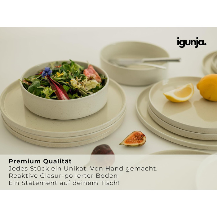 Igunga Stoneware Dinnerware Set - 12 Piece Service for 4 | Reactive Glaze Bowls & Plates - Premium Handcrafted Tableware (Beige)