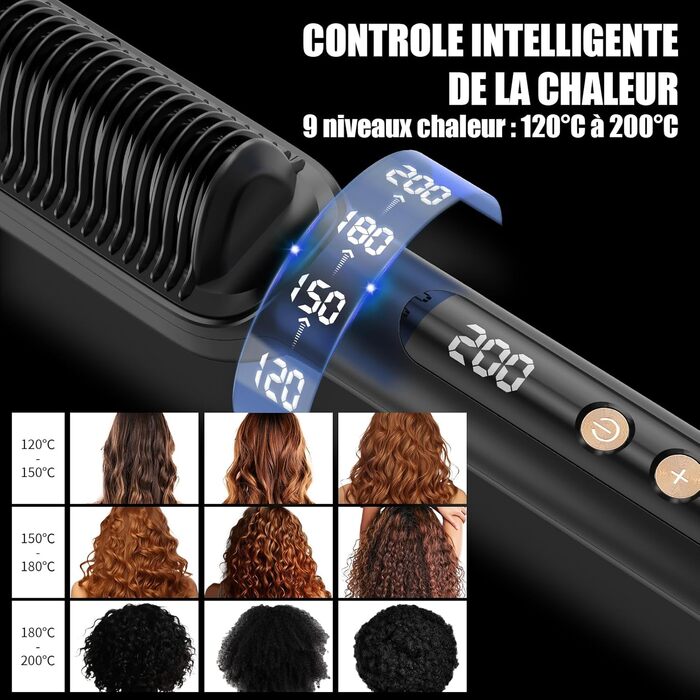 Професійний випрямляч для волосся – щітка-випрямляч, 4 температурні режими, 140℃–200℃, час нагріву 30 секунд, з негативними іонами, підходить для всіх типів волосся (золотистий колір), професійний випрямляч
