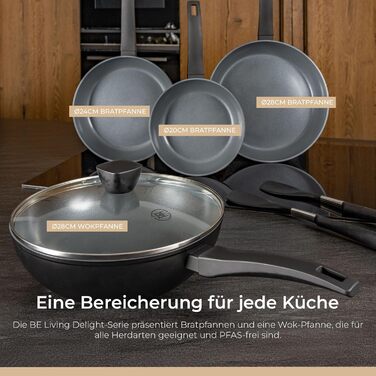 Набір сковорідок Be Living Delight 4 шт. (20/24/28 см + вок 28 см з кришкою), антипригарне покриття з кераміки, для індукційних плит, без PTFE та PFOA, чорний