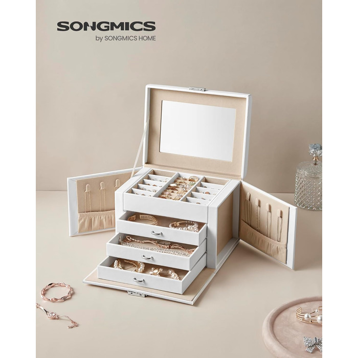 Скринька для прикрас SONGMICS з 6 ярусами, 5 шухлядами, дзеркалом, замком, білий JBC152W01
