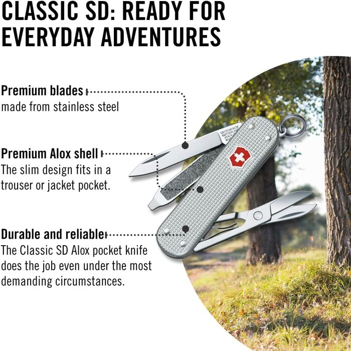 Мультитул Victorinox Classic SD Alox – Швейцарський ніж, 5 функцій, сріблястий, з напилком