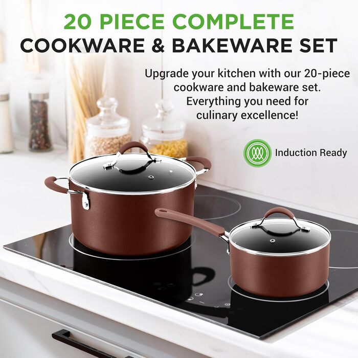 NutriChef 20-Piece Cookware Set - Pot Set, Frying Pan Set & Baking Set Non-Stick | PFOA/PFOS-Free | Induction Pots & Pans, Round Cake Pan, Loaf Pan, Casserole Dish, Muffin Tin, Baking Sheet Brown