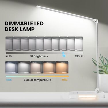 LED лампа настільна диммерна - 560LM, офісна лампа з 5 режимами кольору та 10 рівнями яскравості, з нічним світлом, USB-порт, функція пам'яті та таймер, 10W - білий сріблястий колір