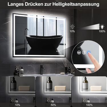 Дзеркало для ванної кімнати зі світлом, 70x50 см, з сенсорним вимикачем, проти запотівання, 3 кольори світла, регулювання яскравості, Bluetooth (80x60 см)