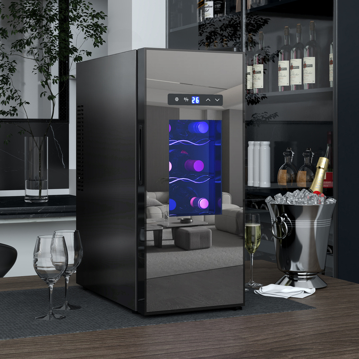HOMCOM 12-Bottle Wine Refrigerator 30L 8-18℃ Thermoelectric Double-Layered Bottle Cooler with Glass Door, Beverage Cooler with LED Light, Small Wine Cabinet with Touch Screen Black | Aosom
