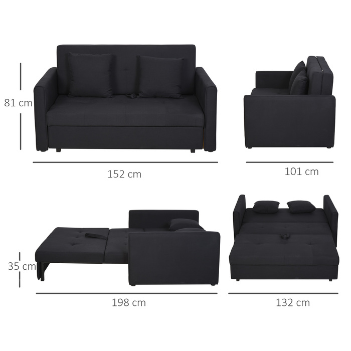 HOMCOM 2-Seater Sofa Bed with Storage, Back Cushions, Polycotton, Wood, Charcoal Gray, 152x101x81cm | Aosom