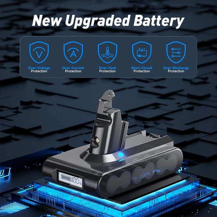 Запасний акумулятор 8000mAh V6 з LCD-дисплеєм для пилососів Dyson V6 (DC58, DC59, DC61, DC62, DC72, DC74, SV03, SV05, SV06, SV07, SV09) Animal/Absolute/Motorhead/Fluffy (2 фільтри, 8.0Ah)