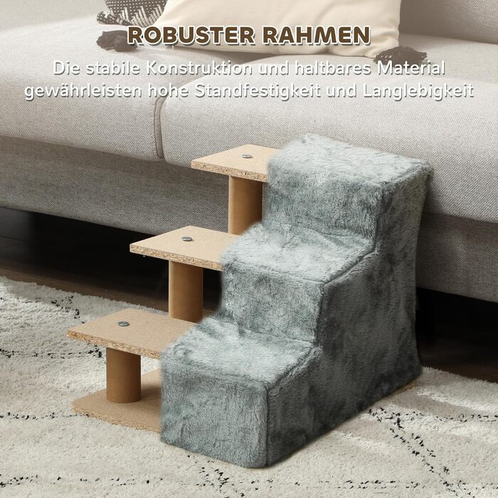 PawHut 4-Step Dog Stairs, 35 cm Cat Stairs for Bed and Sofa, Pet Stairs for Dogs and Cats up to 5 kg, Plush Appearance, (46L x 35W x 35H cm, Light Gray)