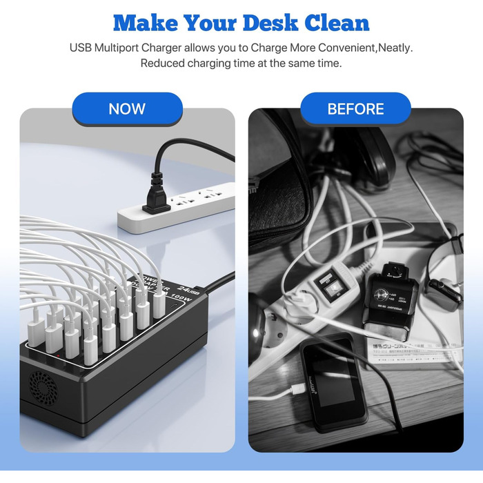 Зарядний пристрій USB-C на 24 порти 100W/20A, настільна USB-станція для iPhone, Samsung, Google, планшетів та ін.