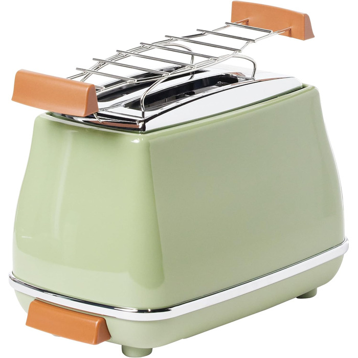 Тостер De'Longhi Icona Vintage CTOV 2103.GR Olive Green – 2 слоти, підставка для булок, 6 рівнів підсмажування, функція підігріву та розморожування, з нержавіючої сталі, ретро-дизайн