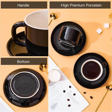 Набір кавових чашок і блюдець з ложками, 4 шт., 220 мл, кераміка, чорний колір. Чашки капучіно для чаю та еспресо