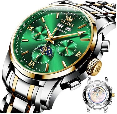 Набір автоматичних механічних годинників для пари OLEVS: чоловічий та жіночий з календарем, фазою місяця та турбійоном, двоколірні (Зелені)