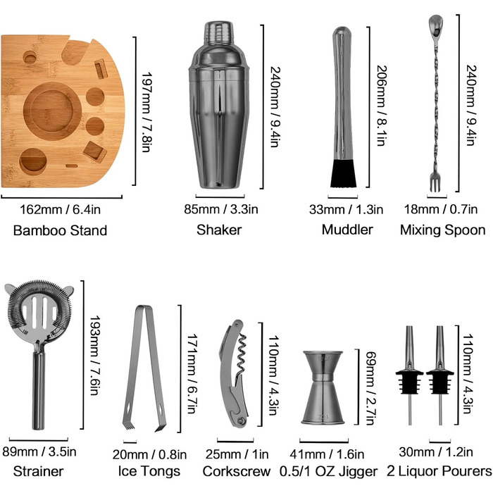 Набір бармена Schwarz (Чорний) зі стійкою для коктейлів - професійний шейкер для приготування напоїв