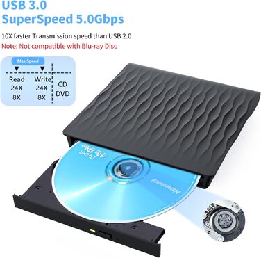 Зовнішній DVD/CD привід USB 3.0 та Type-C, DVD-брунер +/-RW для ноутбука та ПК, сумісний з Windows 11/10/8/7, MacOS, Linux, чорний