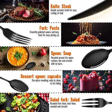 Набір столових приборів Fanticde на 4 особи (20 предметів), чорний матовий, нержавіюча сталь, для щоденного використання, стійкий до миття в посудомийній машині