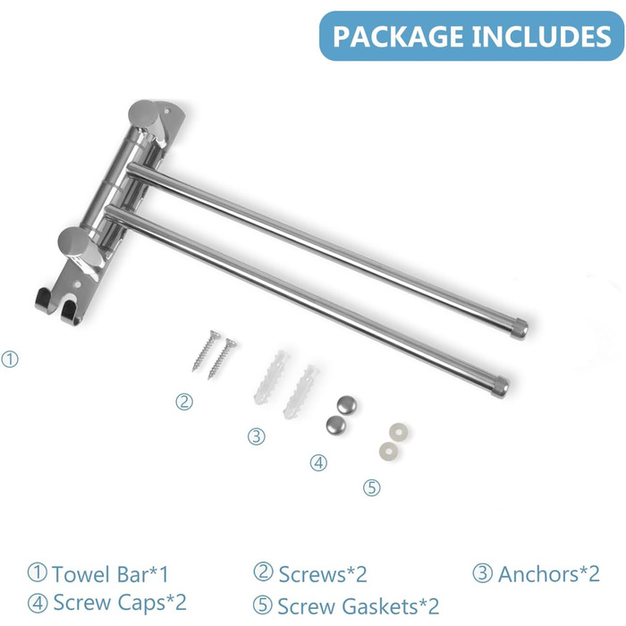 Поворотний тримач для рушників JSVER на 180° з нержавіючої сталі, 4-х віяльний, для ванної, кухні та гардеробу (срібло)