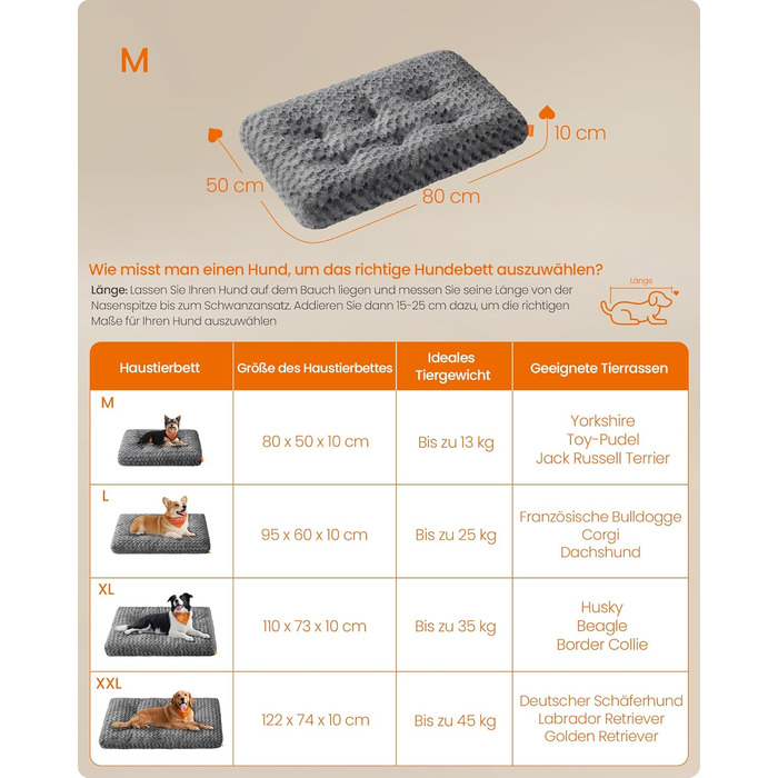 Ліжко для собак Feandrea, XL, для великих собак, м'яка подушка, плюш, 110 x 73 см, з м'яким наповнювачем, можна прати, неслизьке, сірий PGW293GN01 (M (80 x 50 x 10 см))