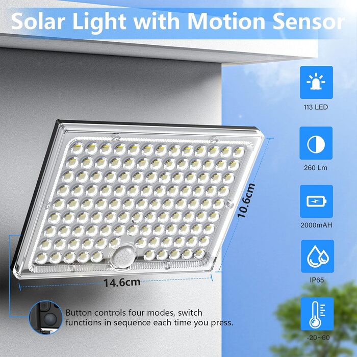 Solar Lights for Outdoors, Solar Light with Motion Sensor, 113 LED Solar Spotlight IP65 Waterproof Solar Split Wall Light with 5m Cable for Garage, Garden, Yard, Steps, Doorways, Lawn - 2 Pack