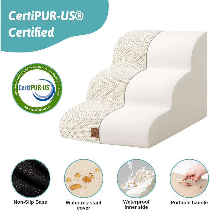 Сходинки для собак COZY KISS, 40 см, для маленьких собак, з високощільним губчатим матеріалом, 3 сходинки, зручні для дивану, з антиковзким покриттям, бежевого кольору (40x57x40 см)