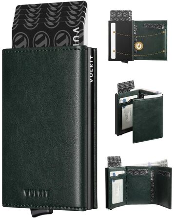 Чоловіче шкіряне картхолдер VULKIT з RFID-захистом, поп-ап, з відділенням для грошей та візитки (зелений)
