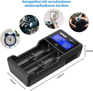 Зарядний пристрій XTAR VC2L для акумуляторів 18650/21700 з LCD дисплеєм та USB Type-C, 2 слоти, для Li-ion 3.6V/3.7V та Ni-MH/Ni-Cd AA/AAA