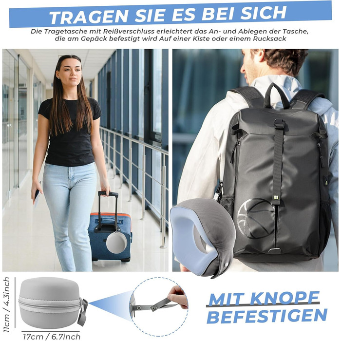 Travel Memory Foam Neck Pillow with Storage Box - Orthopedic Support for Airplane, Car, Train - Gray