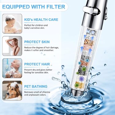 Насадка для душу зі шлангом 2м, фільтрована ручна лійка з високим тиском, економія води з мінеральними кульками, 5 режимів, стоп-функція для жорсткої води, видалення залишків хлору, бактерій та важких металів (срібляста з шлангом)
