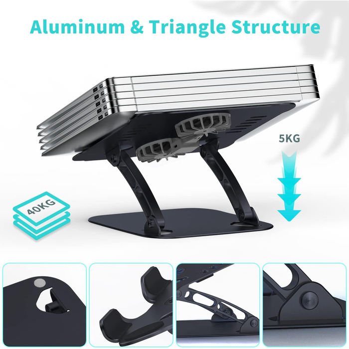 Регульований підставка для ноутбука з RGB вентилятором, алюмінієвий, чорний. Сумісна з MacBook та ноутбуками 10-17'