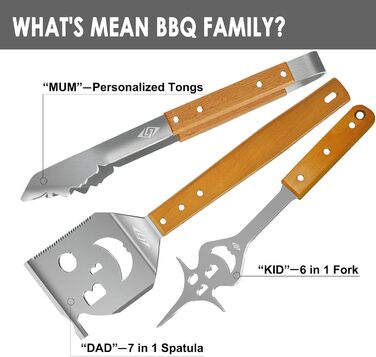 STEVEN-BULL Grill Utensil Set 3-Piece. Extra Long Grilling Tools, Stainless Steel Wood Handle, Grilling Accessories with Grill Tongs, Grill Spatula, Meat Fork. Extra-Long Wooden Handles and Hanging Holes.