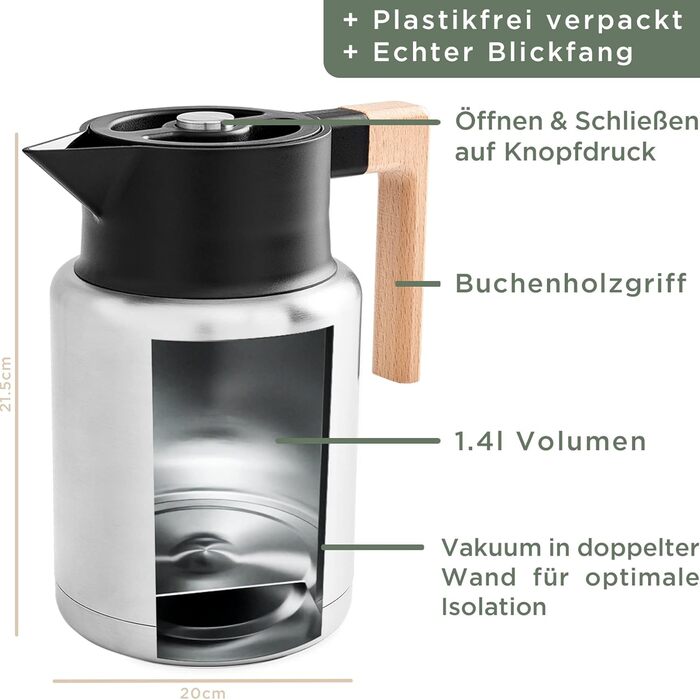 WALDWERK Thermos Flask (1.4L) - Coffee Pot made of double-walled 304 stainless steel with an elegant wooden handle - Insulated carafe with a drip-free spout - Coffee Pot Thermo
