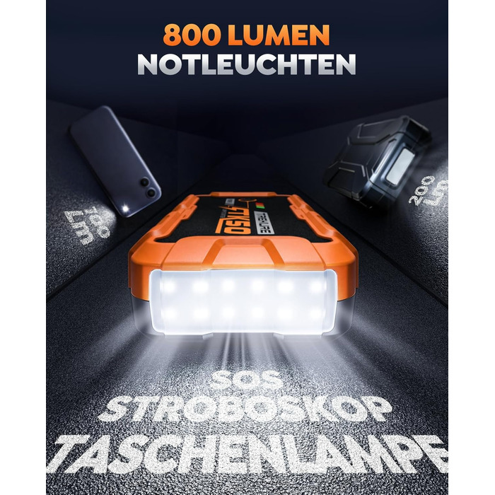 Powerbank для автомобіля 8000A Starthilfe (бензин/дизель 12.0L), 26800mAh, 12V пусковий пристрій з ліхтарем 800 люмен, 2xUSB, посилені кабелі, помаранчевий
