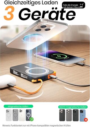Power Bank MagSafe 10000mAh 3-в-1: Бездротовий зарядний пристрій для iPhone 17/16/15/14/13/12 та Android з USB-C кабелем і підставкою, Чорний