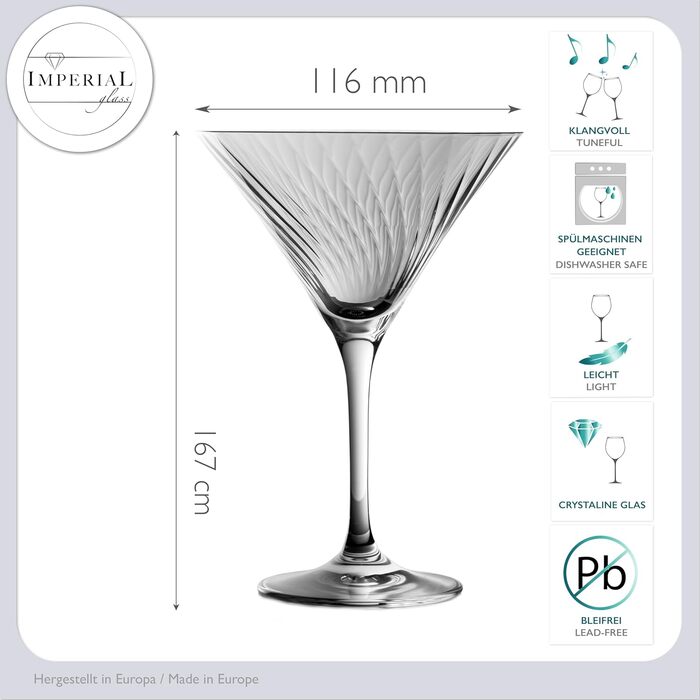 Набір мартіні склянок 6 шт. з рифленням, 215 мл, Crystalline Glass, London, придатні для миття в посудомийній машині, прозорі