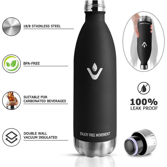 Термос-пляшка 750 мл, з нержавіючої сталі, BPA-Free, для спорту, подорожей, дітей, на відкритий простір, з вакуумною ізоляцією, витримує газовані напої, витік захищений, темно-зелений (1000 мл, чорний)