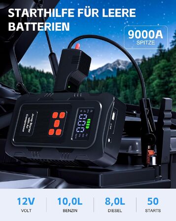 Пусковий пристрій Povasee Jump Starter 9000A з компресором 150 PSI, бустер для авто 12V та Powerbank з ліхтариком (Червоний/Чорний)