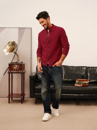 Кардиган чоловічий PJ PAU JONES з візерунком коси, на ґудзиках, грубий трикотаж (XL, Бордовий)