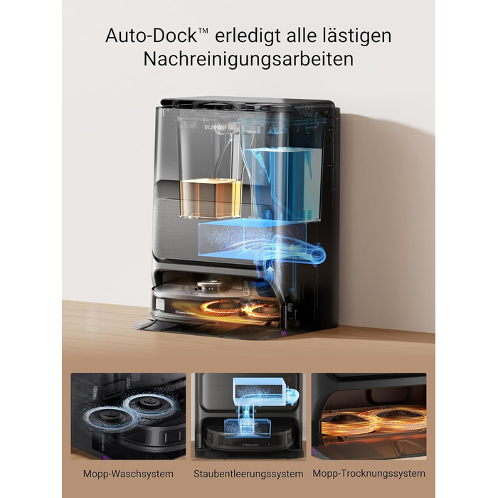 Робот-пилосос Eureka J12 Ultra з функцією миття підлоги (автоматичне очищення, прання та сушка), потужність всмоктування 5000Pa, обертова функція миття, Dual-LiDAR навігація, 3D уникнення перешкод, чорний