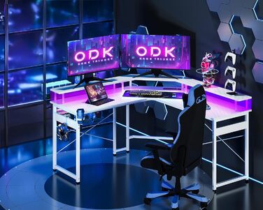 ODK Gaming Table with LED, Gaming Desk with 2 Outlets and 2 USB Charging Ports, PC Table Gaming with a Generous Monitor Stand, Gamer Desk in Carbon Fiber White, 129x129 cm