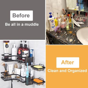 Набір полиць для душу без свердління, 5 шт. Органайзер для ванної кімнати, полиці для душу з нержавіючої сталі, велика місткість, корзинка для душу, тримач для шампуню та гелю для душу для ванної кімнати та кухні (2 прямокутні + 2 контейнери + 1 для зубни