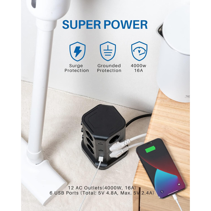 Мережевий фільтр KOOSLA з 12 розеток, 6 USB-портами, захистом від перенапруги, індивідуальним керуванням, 2м кабель, чорний
