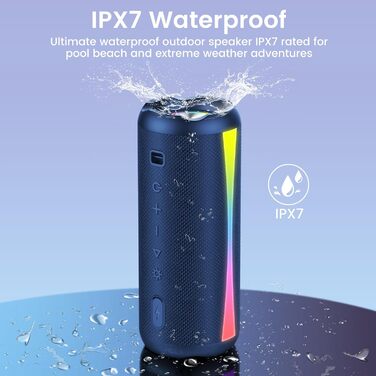 Портативна Bluetooth колонка 5.4 з RGB підсвіткою, водонепроникна IP7, чорний (Deep Blue). Гучний бас, 20 год автономії, гучний зв'язок. Для спорту та відпочинку.